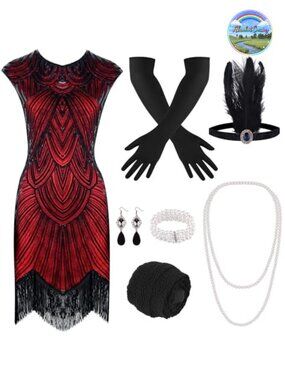 Sequin Fringed Flapper Costume Set 10 Piece V Neck Midi Dress